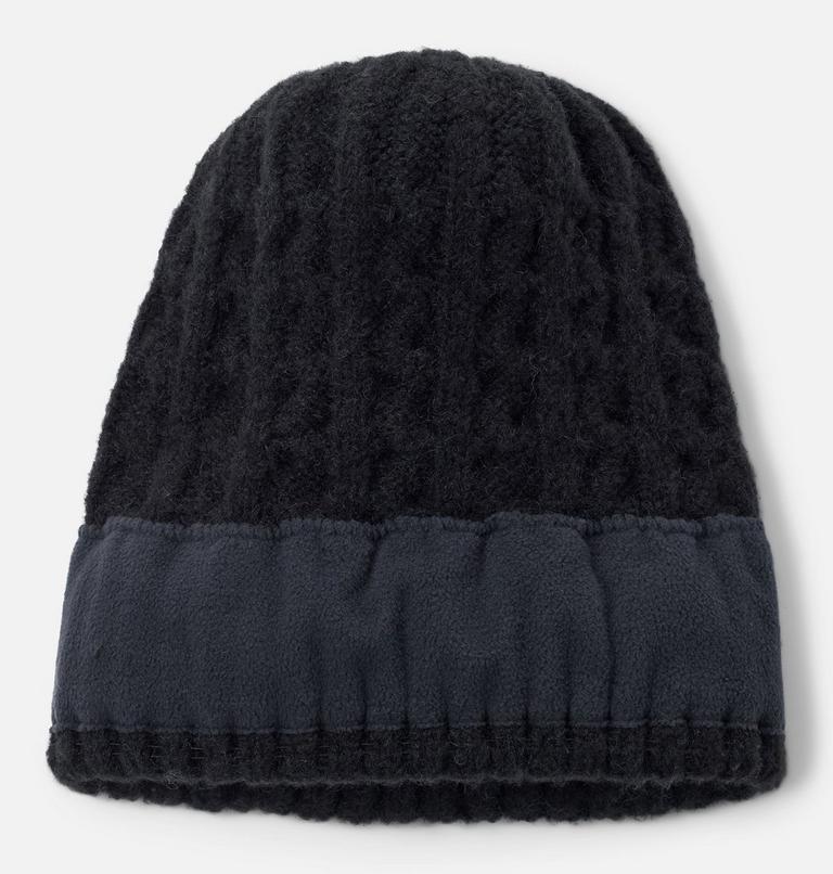 Black knit beanie with a textured pattern on a light gray background