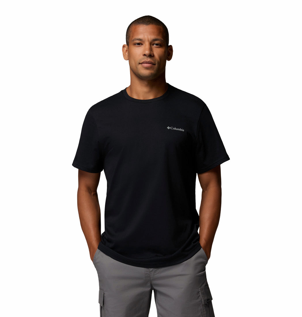 Columbia Mens Csc Basic Tee in black, front model view with chest logo