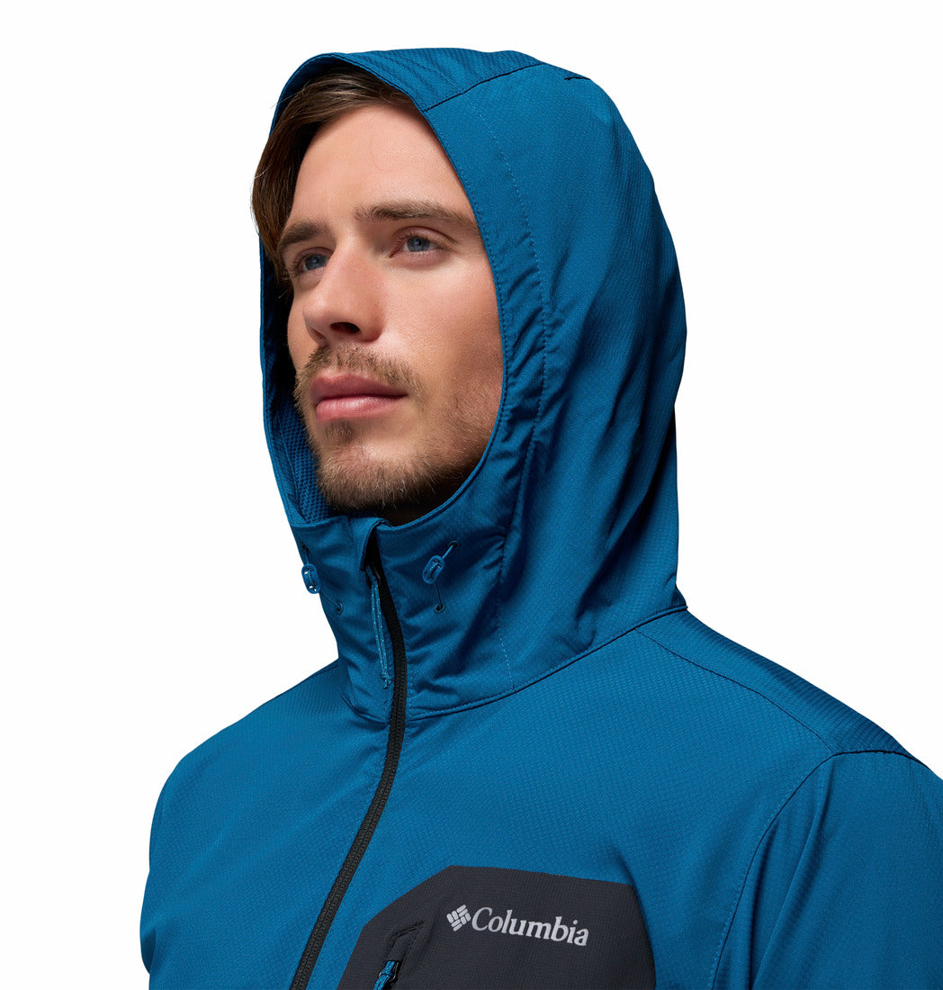 Columbia Mens Tall Heights III Hooded Softshell in Everblue Shark, hood detail view