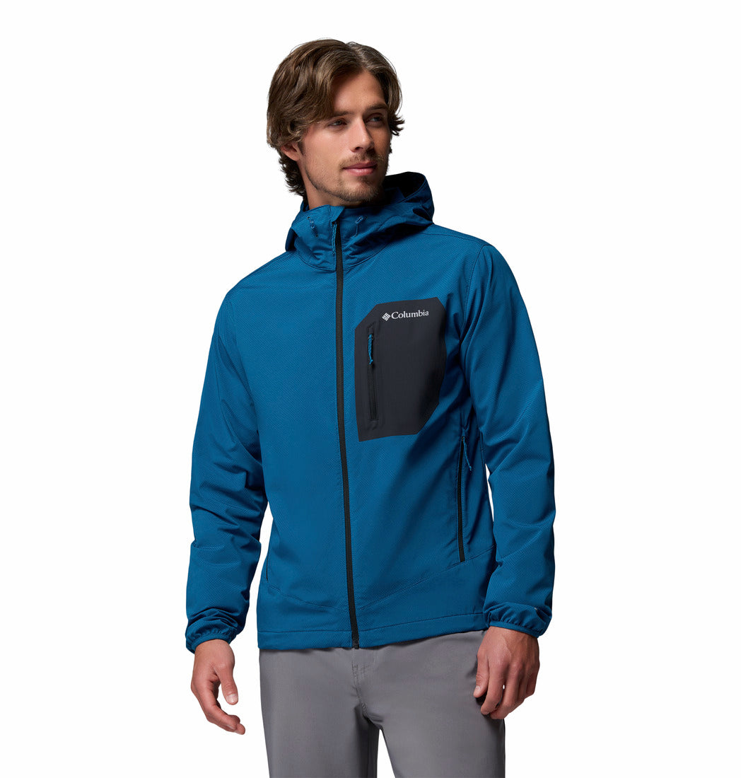 Columbia Mens Tall Heights III Hooded Softshell jacket in Everblue Shark, angled front model view