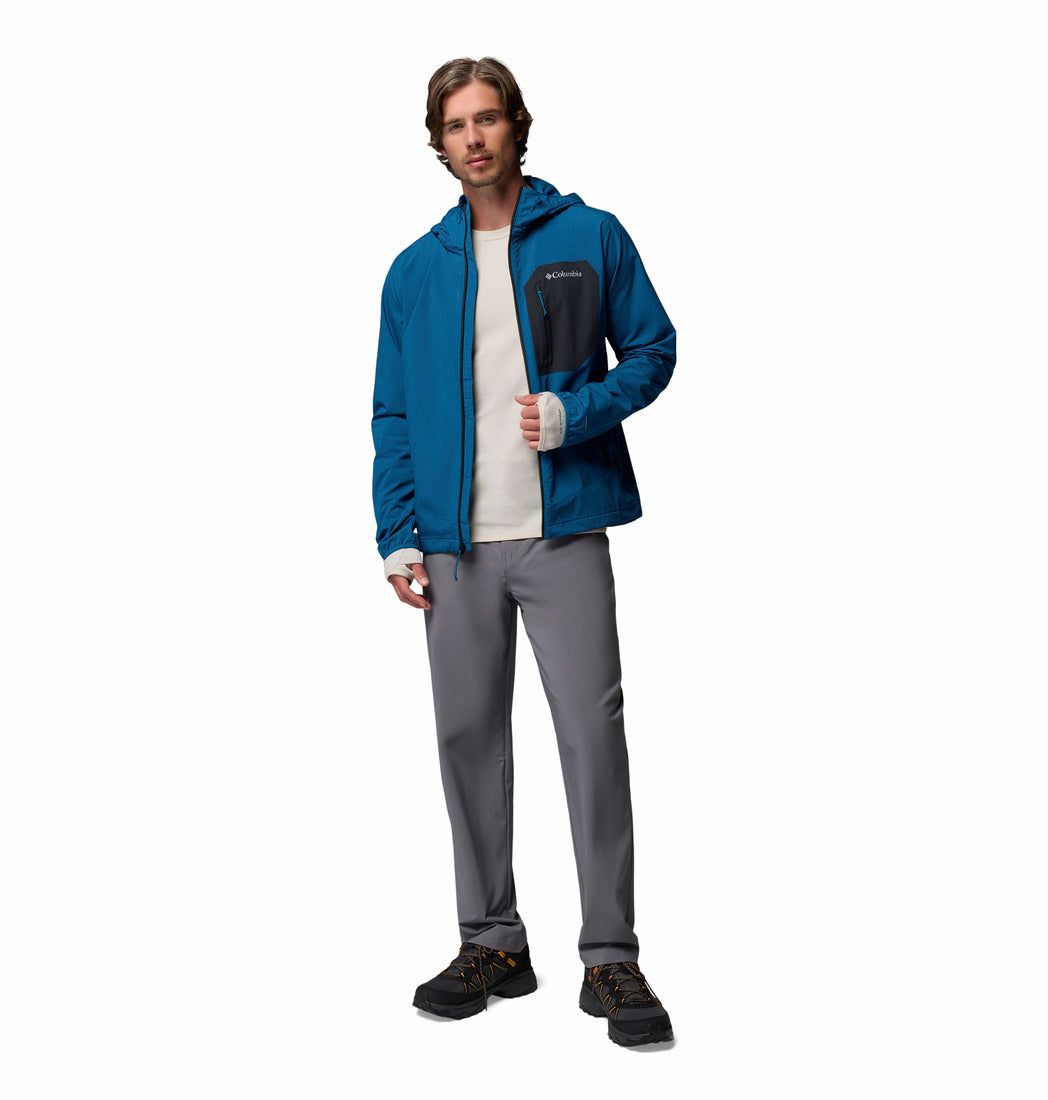 Columbia Mens Tall Heights III Hooded Softshell in Everblue Shark, full - length model view worn open