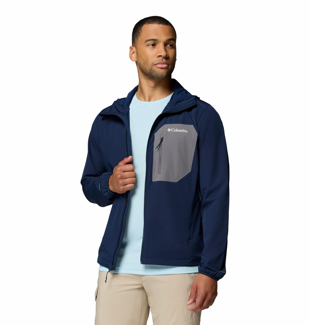 Columbia Mens Tall Heights III Hooded Softshell in Collegiate Navy, open front model view