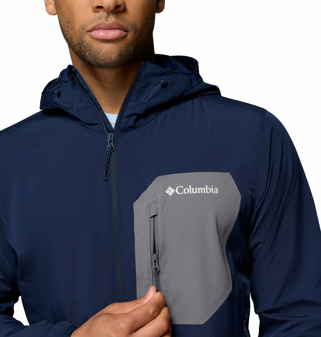 Columbia Mens Tall Heights III Hooded Softshell in Collegiate Navy, chest pocket and logo detail
