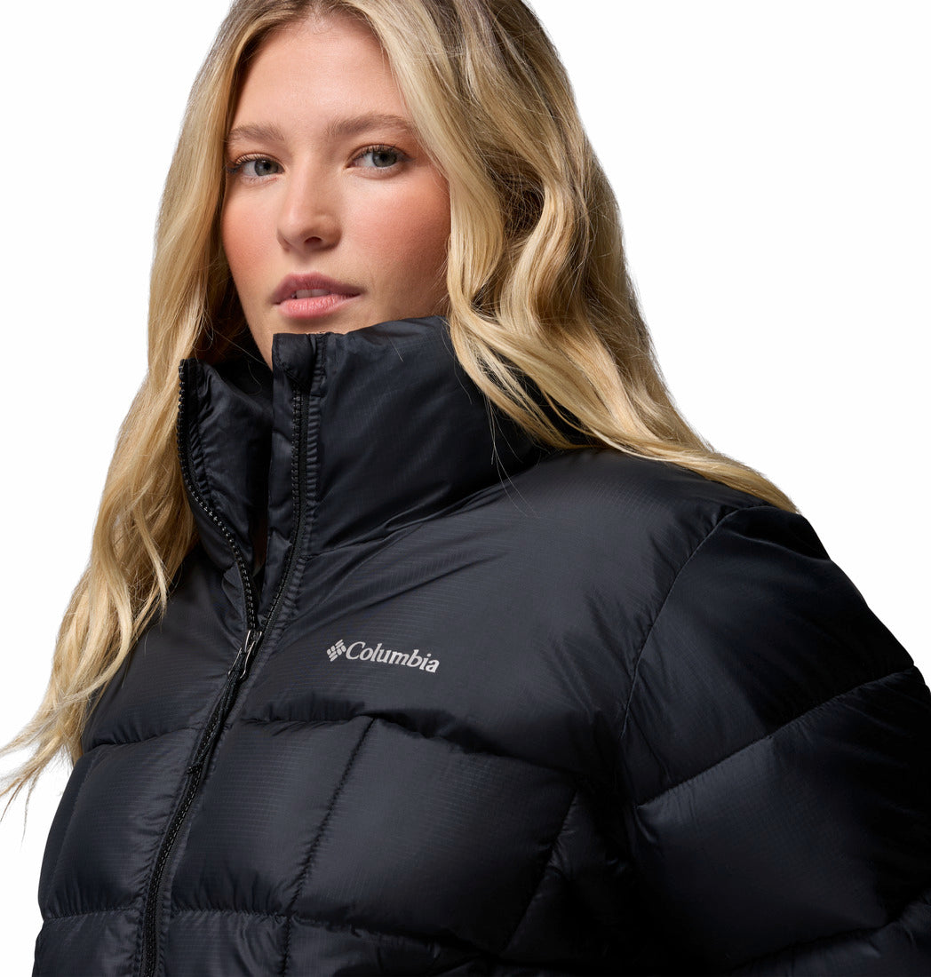 Columbia Womens Puffect III cropped jacket in black, logo and collar detail