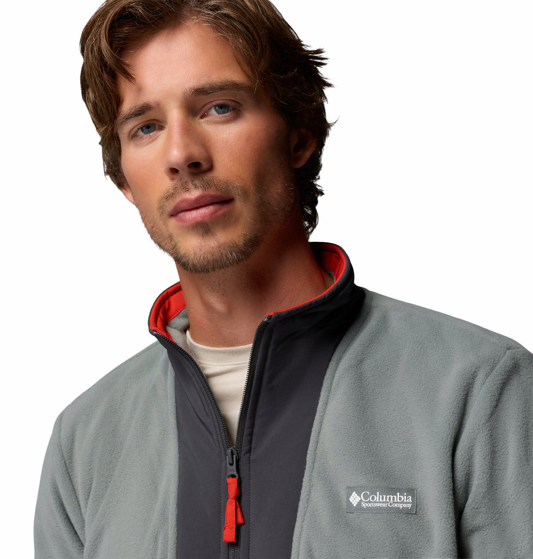 Columbia Sequoia Grove II half-zip fleece in Sedona Sage, collar and logo detail.