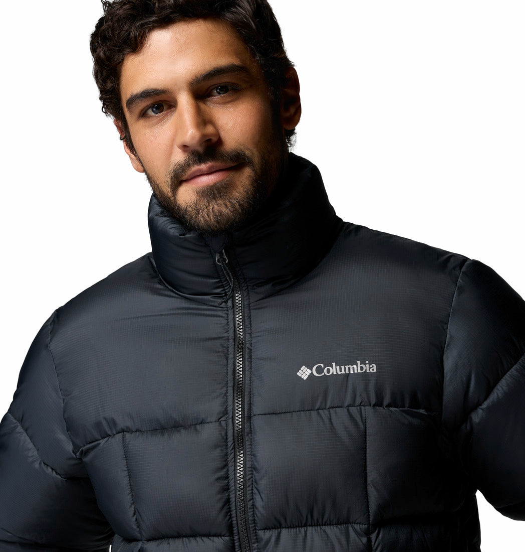 Columbia Mens Puffect Iv Jacket in black, logo and upper body detail view