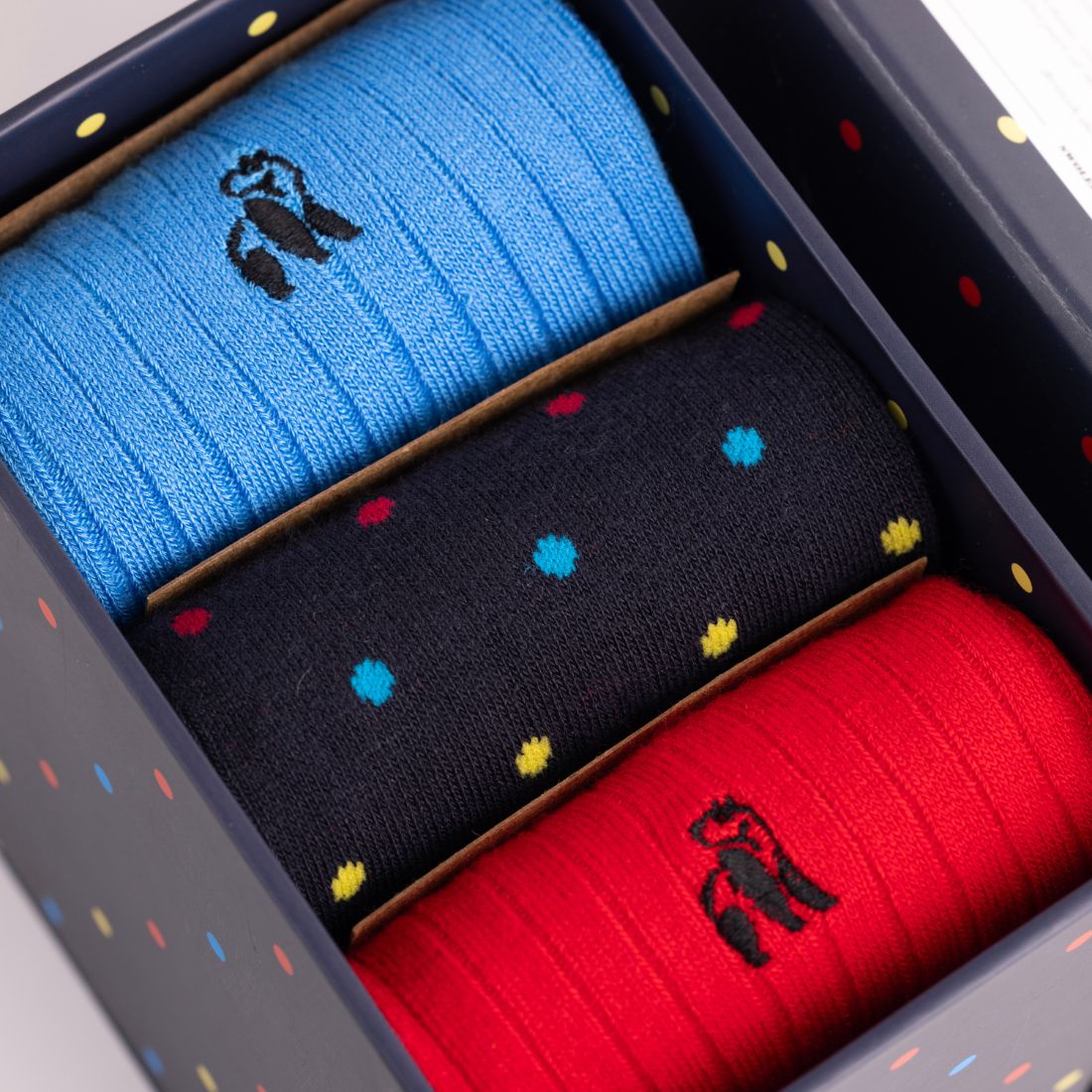 Swole Panda Sock Gift Box - 3 Pairs - Multi Coloured Dots Red/Navy/Blue back view