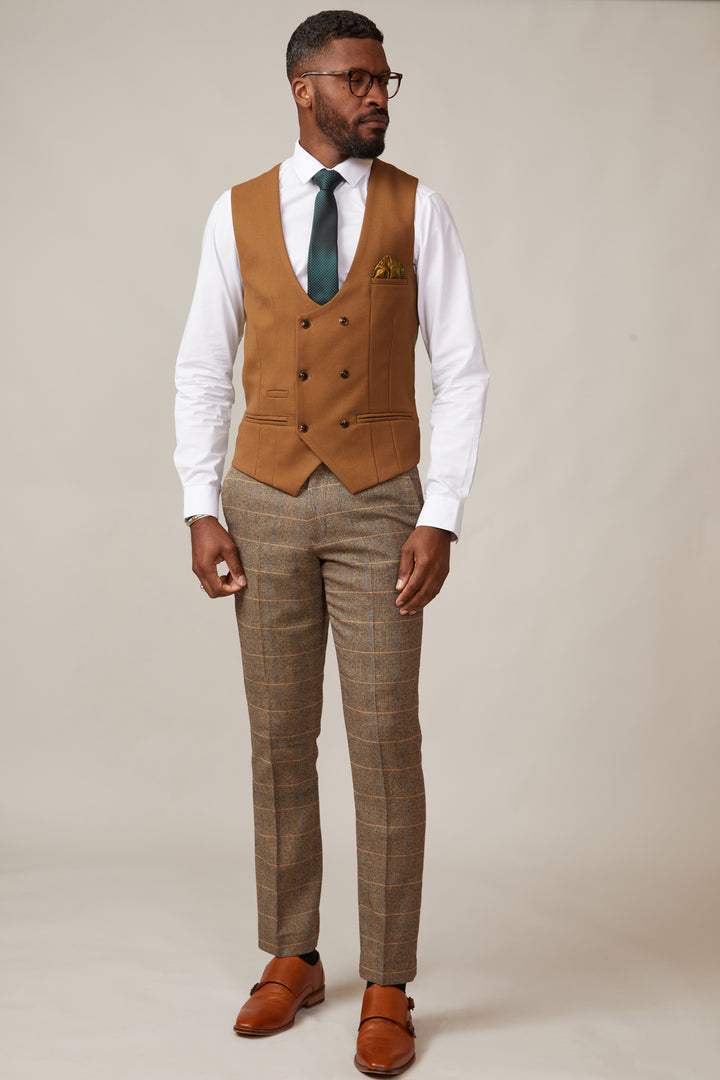 Kelvin Double Breasted Tan Waistcoat-Full model view