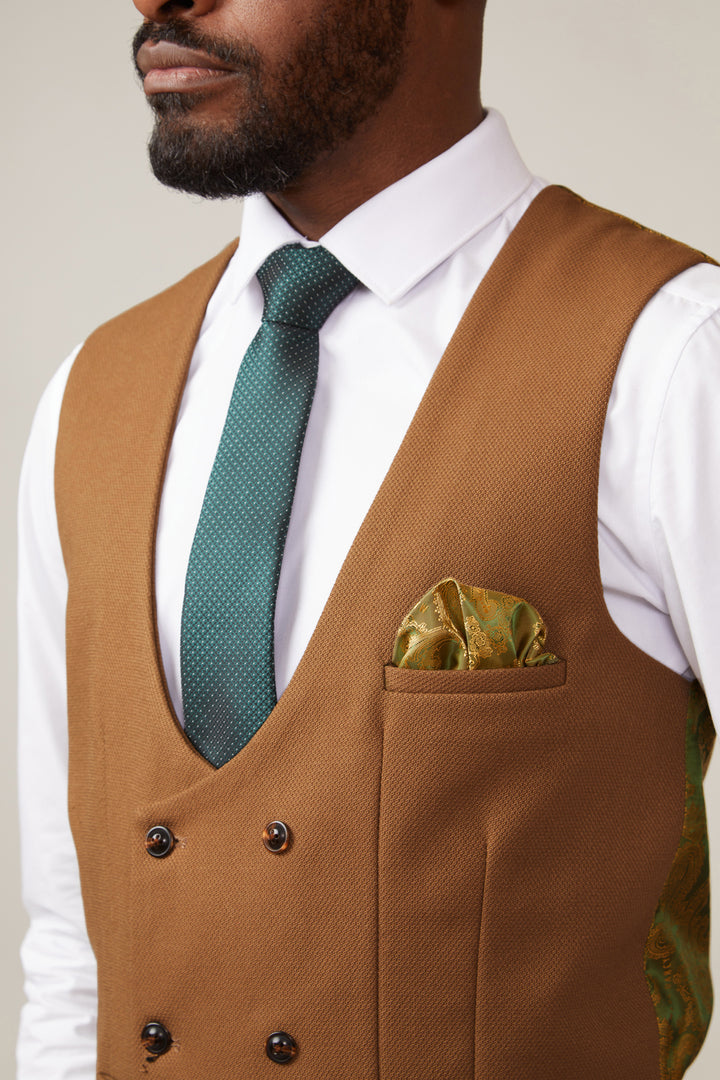 Kelvin Double Breasted Tan Waistcoat-Close up view