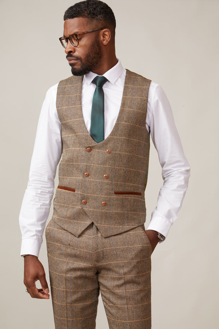 Ted Tan Tweed Herringbone Double Breasted Waistcoat - Close up view