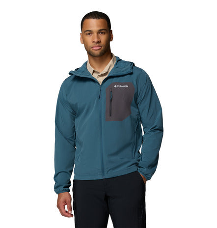Man wearing a blue jacket with Columbia logo on a white background