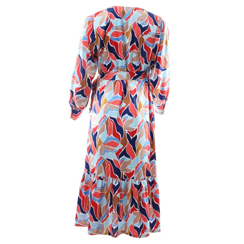 Ghost back view of the Cassandra blue and coral midi dress