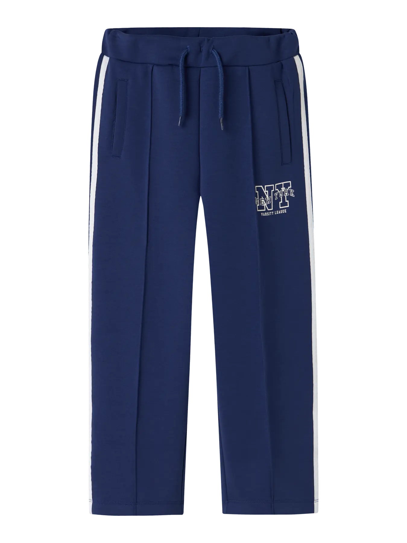 Navy blue pants with a logo on a white background