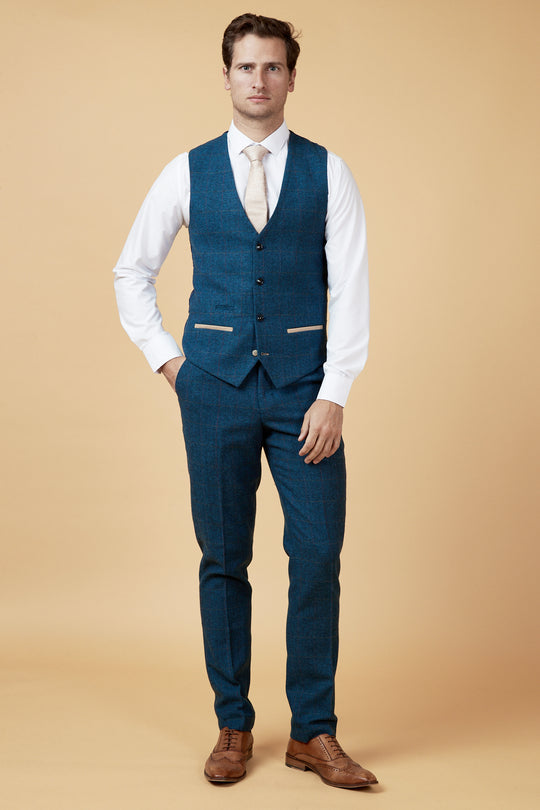 MARC DARCY Dion Tweed Blue Waistcoat Blue model front view