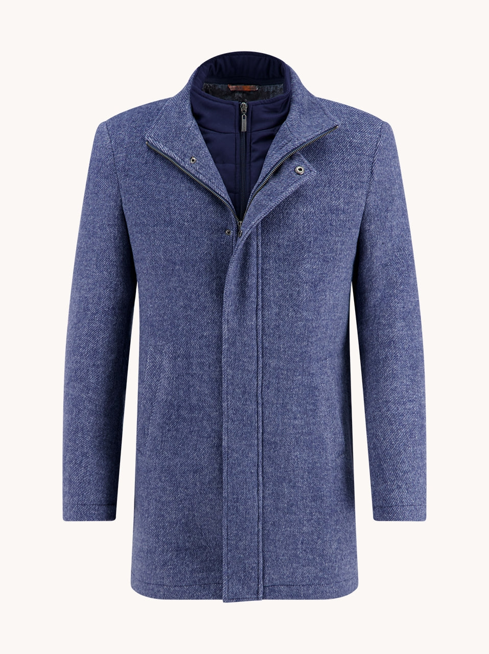 A Fish Named Fred Classic Blue Funnel Neck Coat CLASSIC BLUE model front view