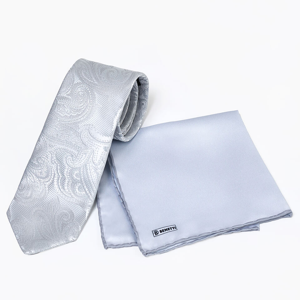 Silver Paisley Tie & Pocket Square Set-Square image