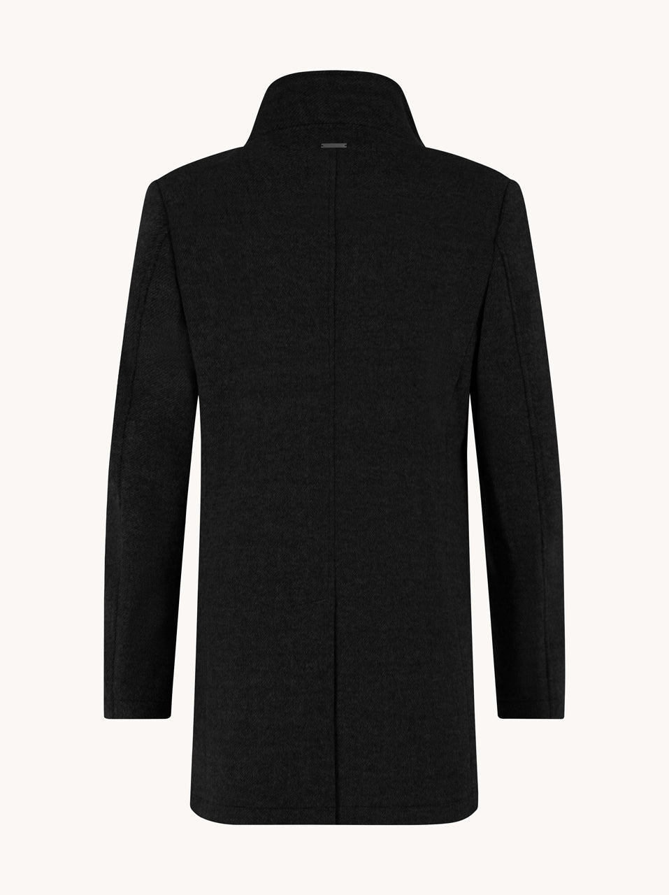A Fish Named Fred Funnel Neck Coat in black, back view