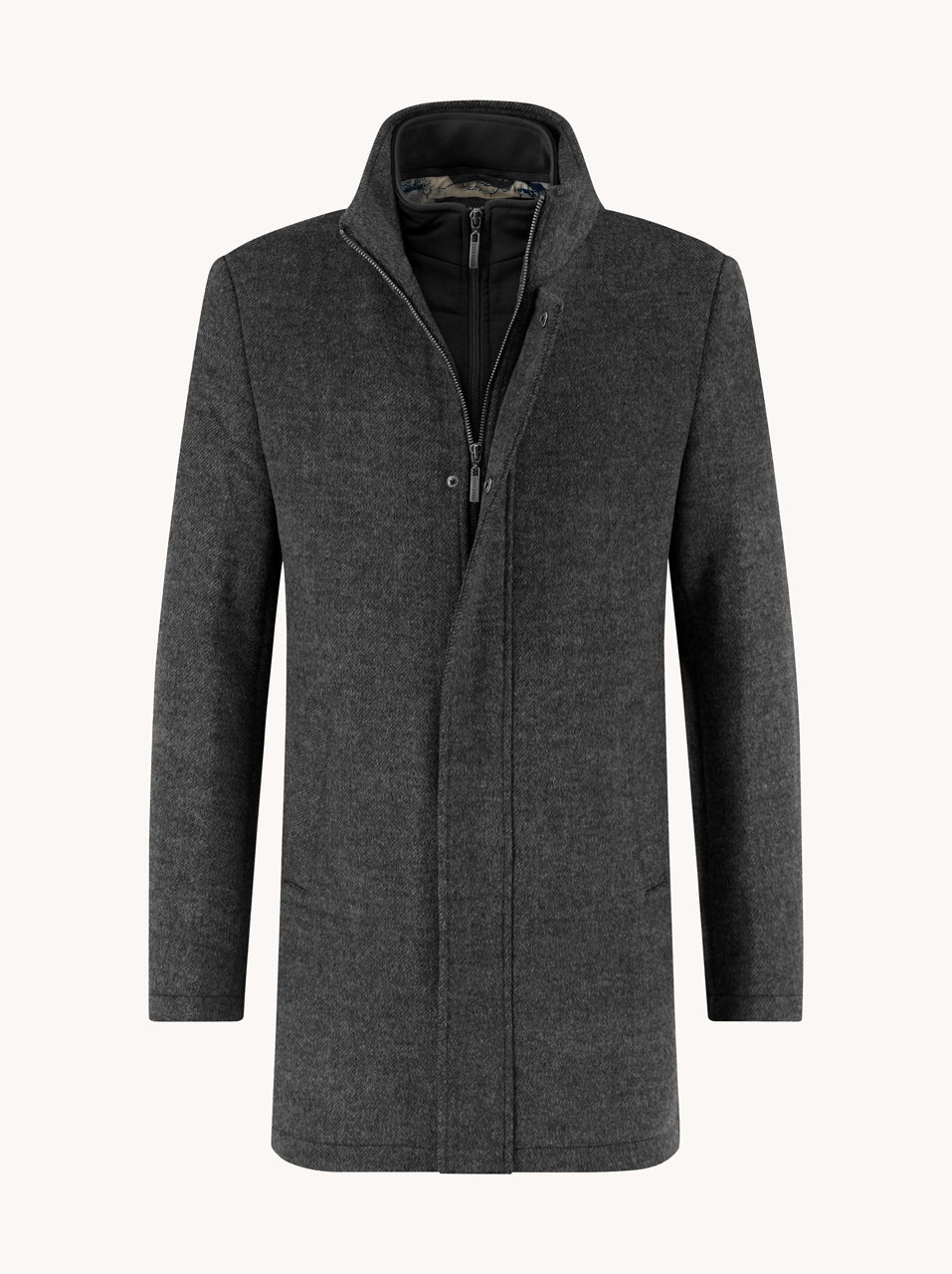 A Fish Named Fred Funnel Neck Coat in dark grey, front view