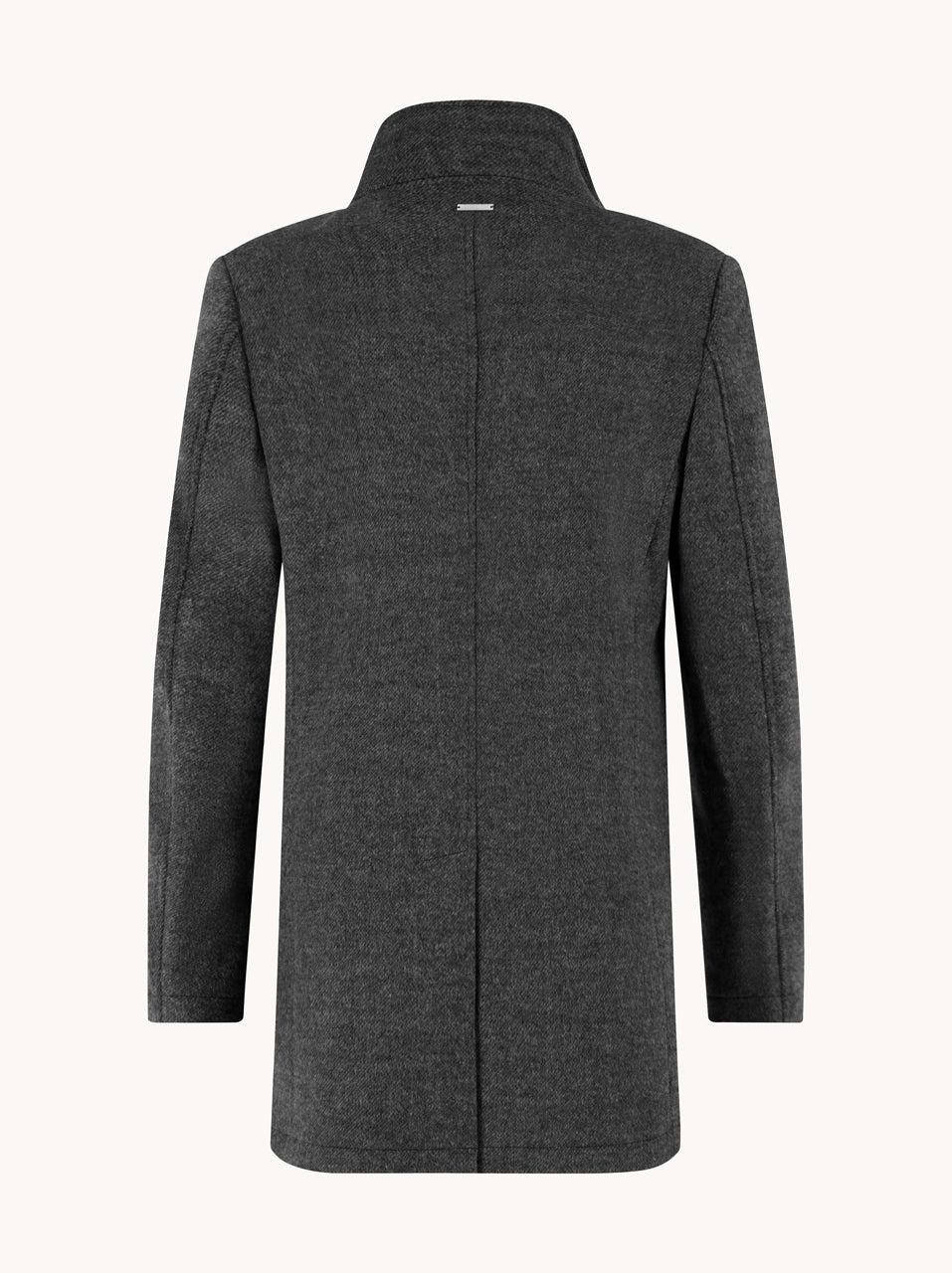A Fish Named Fred Funnel Neck Coat in dark grey, back view