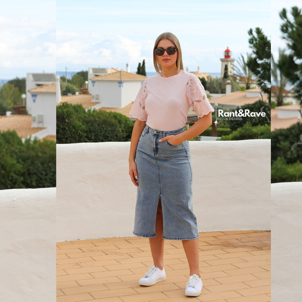 RANT & RAVE LADIES Maria Ice Blue Denim Skirt ICE BLUE front view