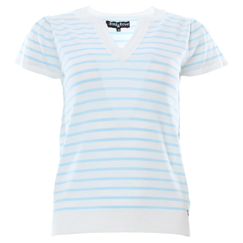 RANT & RAVE LADIES Eden Sky Blue Stripe Short Sleeve Knitted Top SKY BLUE detail view