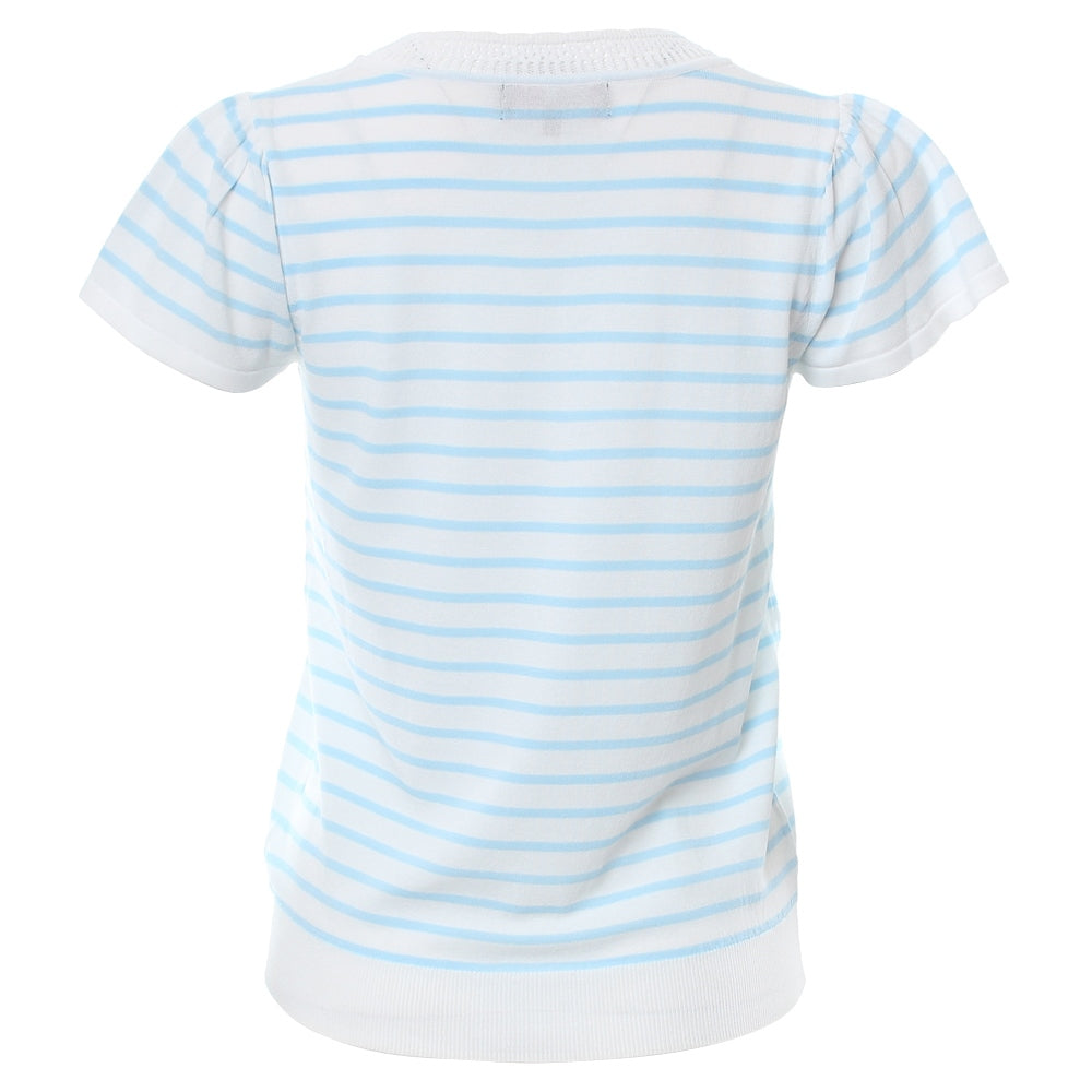 Ladies Eden Sky Blue Stripe Short Sleeve Knitted Top-Back View