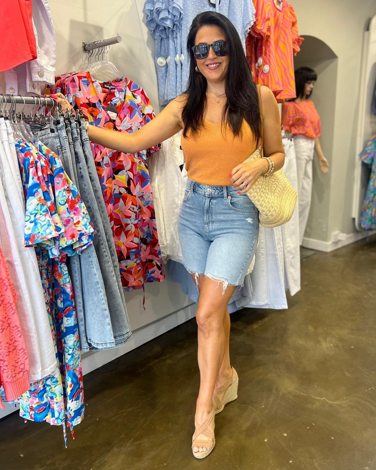 Ladies Shina Sleeveless Glitter Top Knit-Tangerine-Model Front View