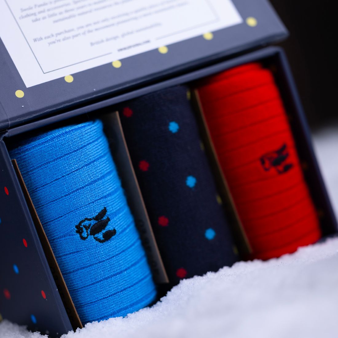 Swole Panda Sock Gift Box - 3 Pairs - Multi Coloured Dots Red/Navy/Blue front view