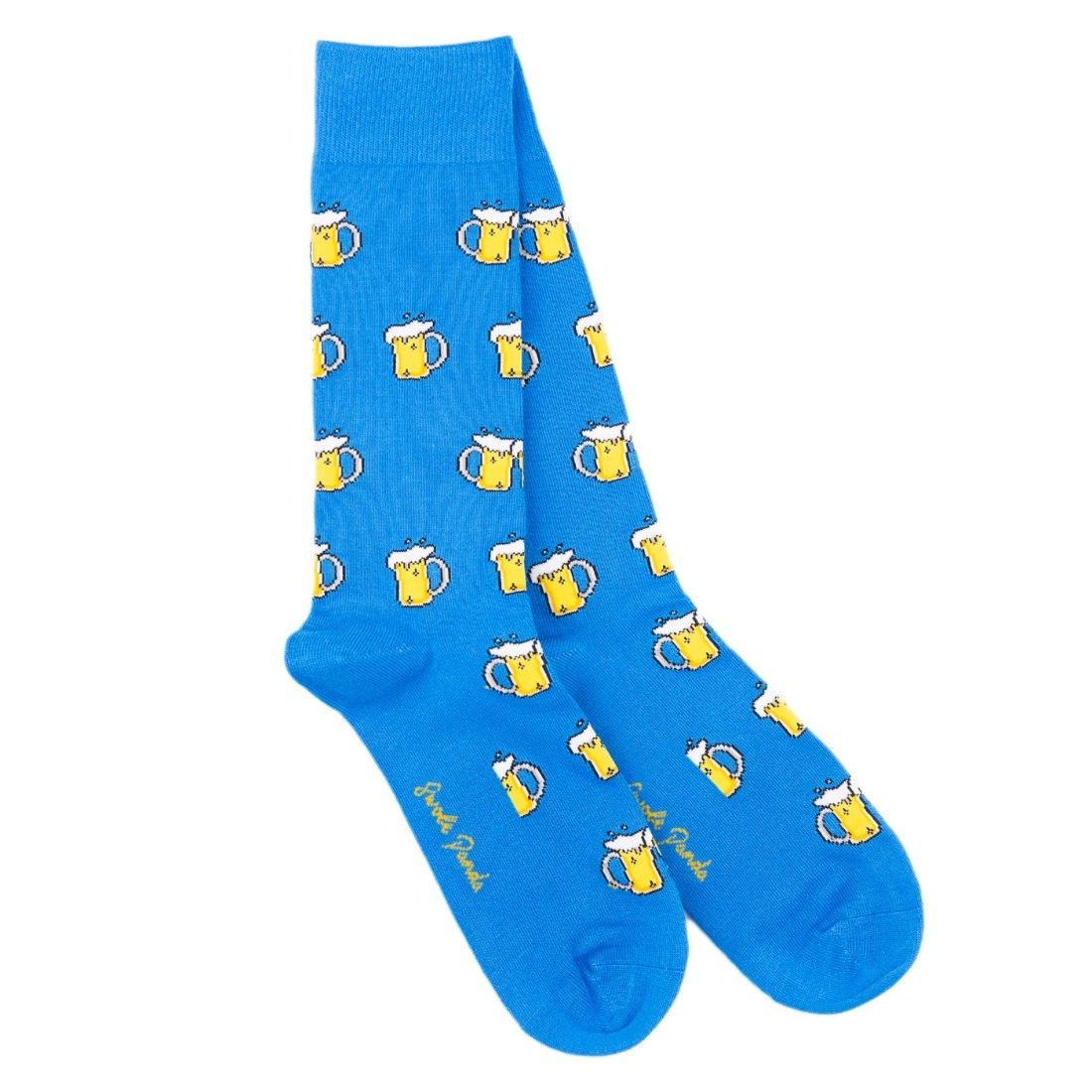 Blue socks with yellow beer mug pattern on a white background