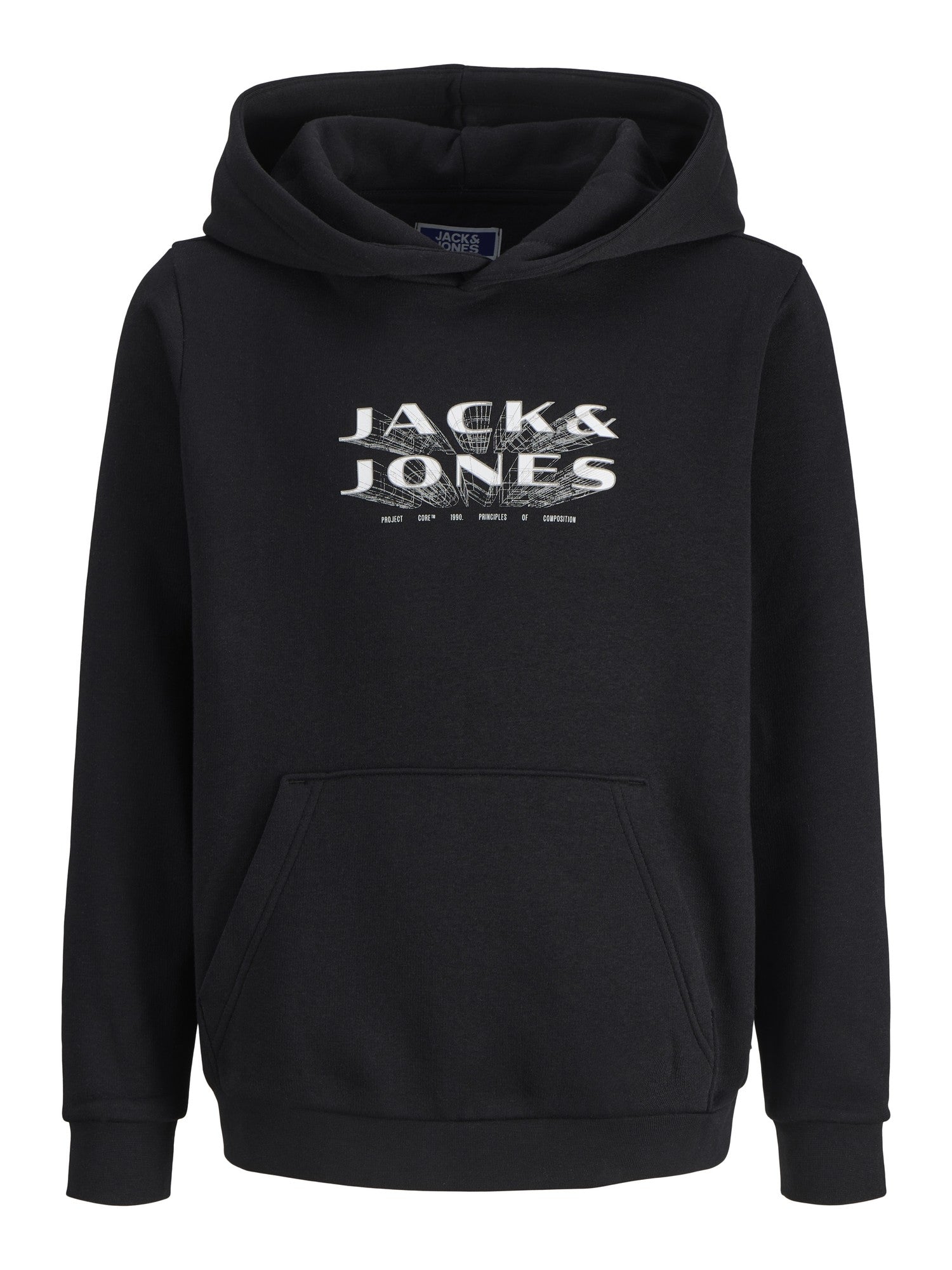 Jack Jones Youths Fusion Sweat JJ Branding Junior Boy Black Hoodie Black front view