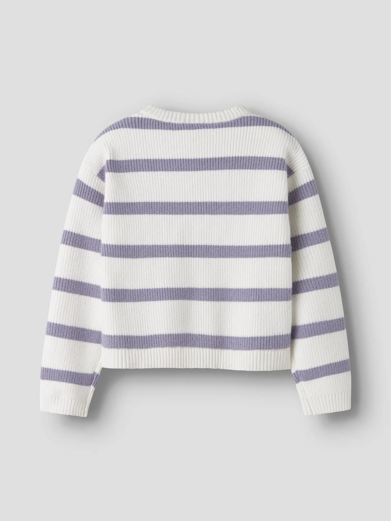 White sweater with purple stripes on a grey background
