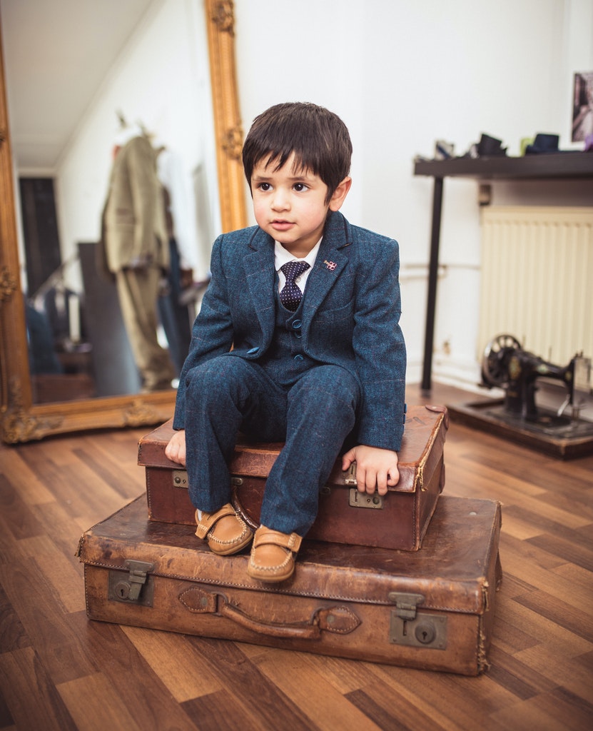 Boys Carnegi Navy 3 Piece Suit-Sitting down view