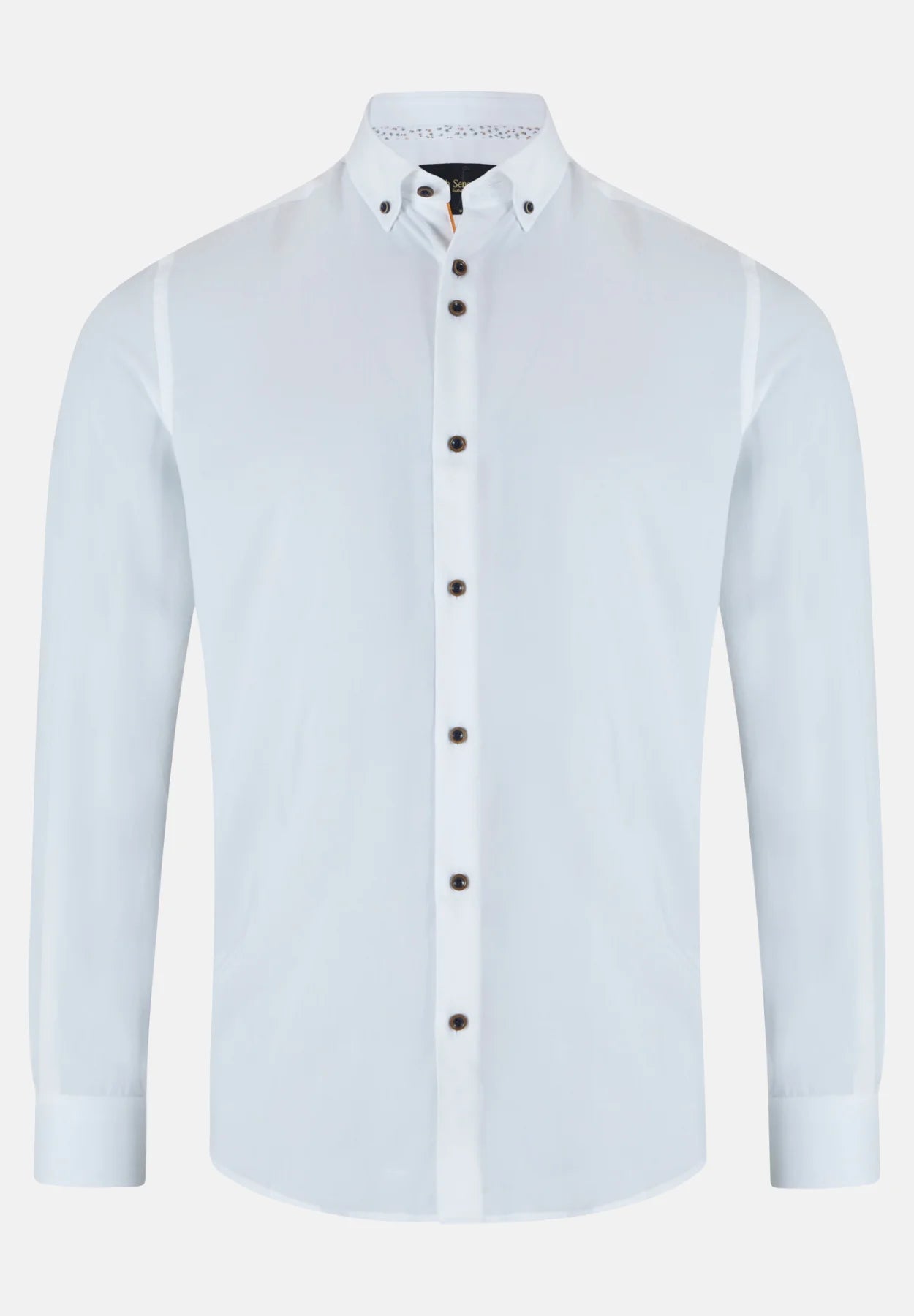 White dress shirt with navy tan buttons on a white background