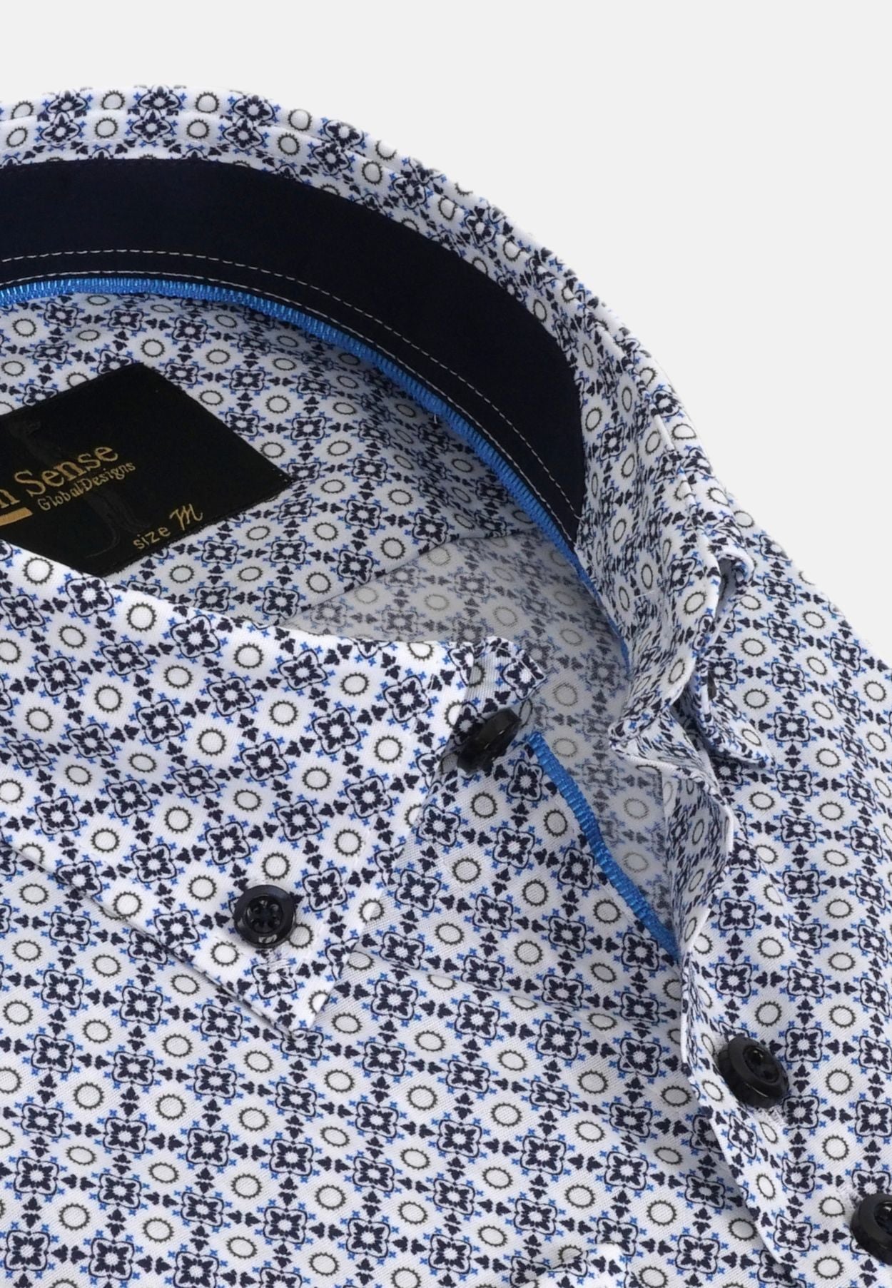 Men's Button Down White Circle Print Shirt-Collar View