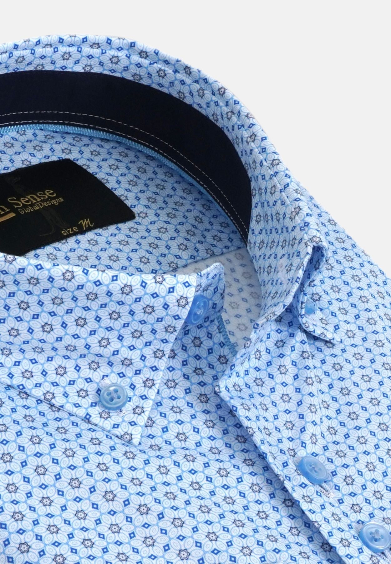 Men's Button Down Sky Blue Diamond Print Shirt-Collar View