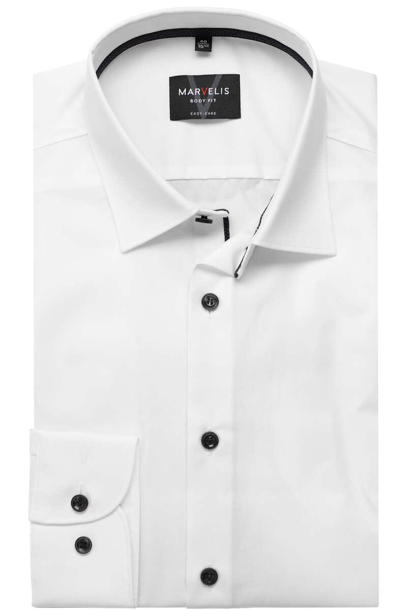 Front view of body fit white tuxedo shirt with black buttons