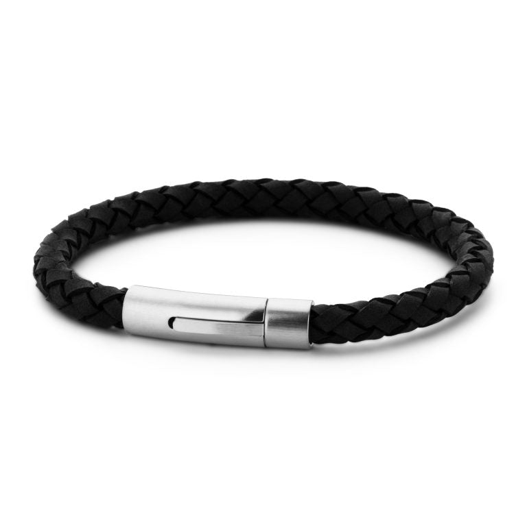 Men's Classic Leather Bracelet- Black/Silver-Front View