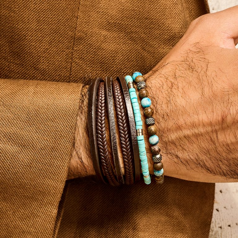 Men's Thick Multi-Strand Leather Bracelet- Brown/Silver-Model View
