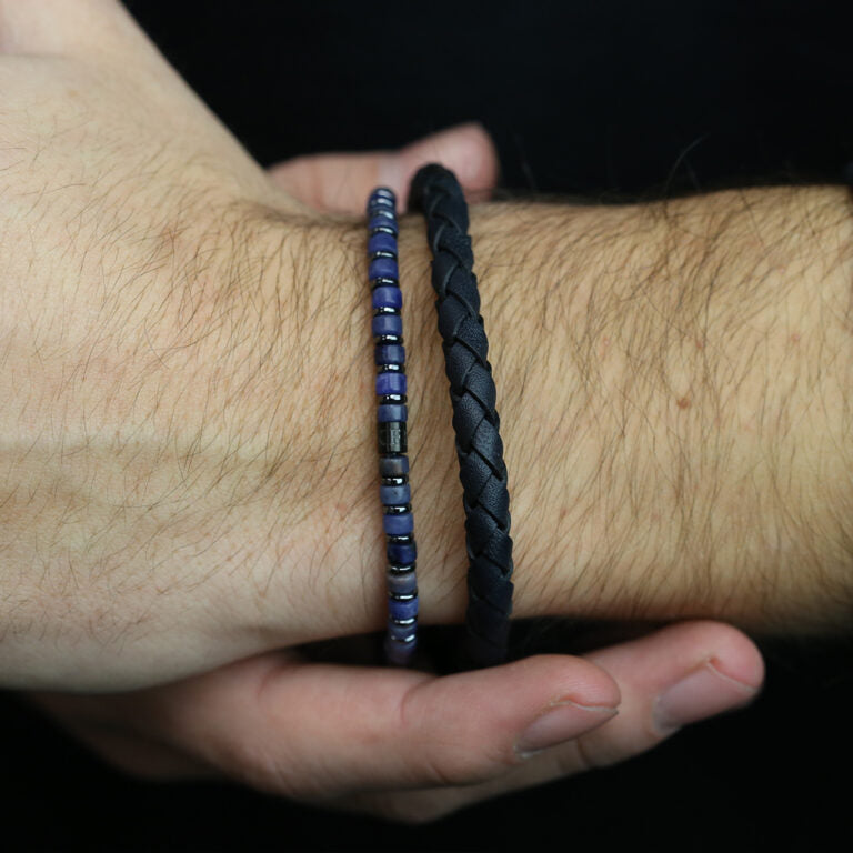 Men's Classic Leather Bracelet- Black/Silver-Model View