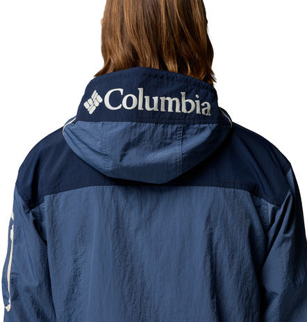 Navy blue Columbia jacket with logo on the hood against a white background