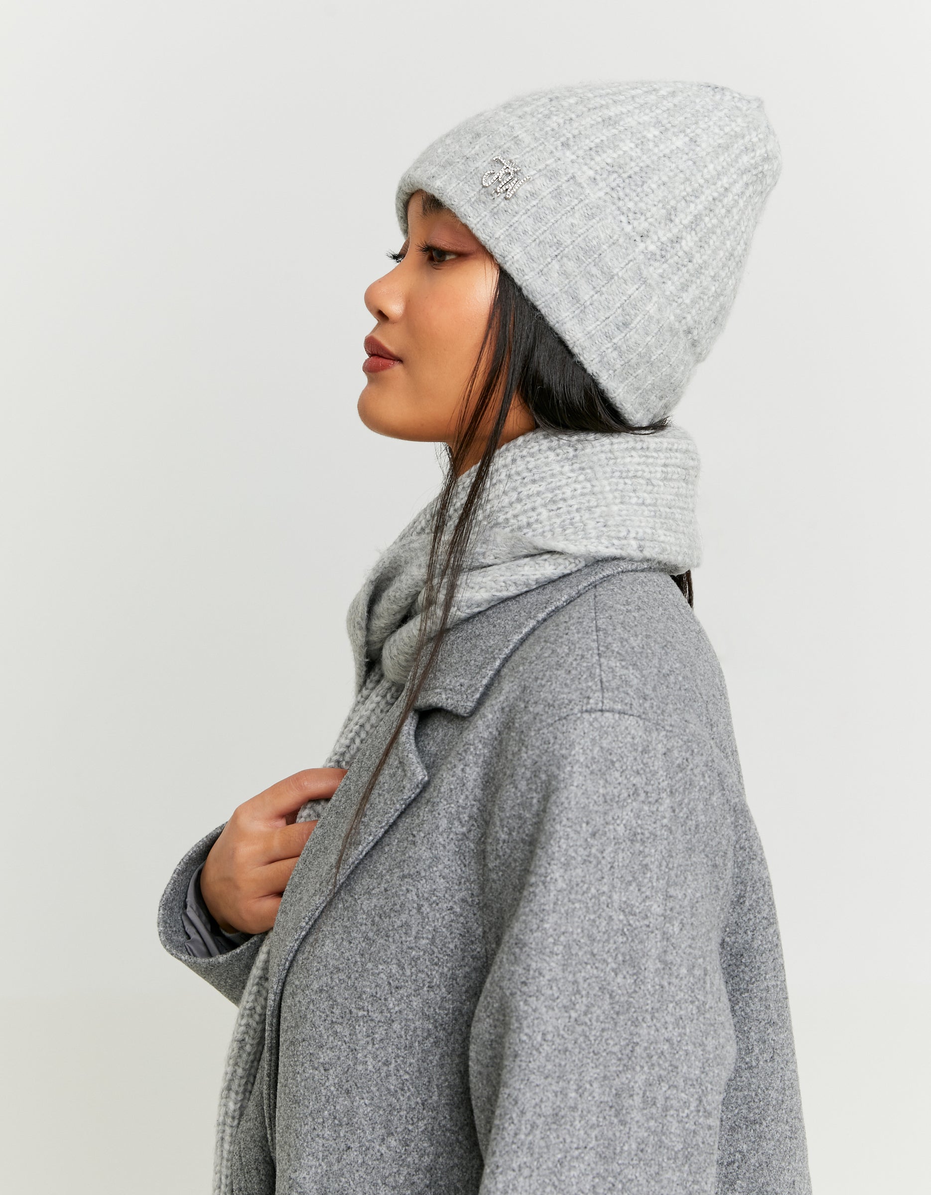 Tally Weijl Grey Knitted Beanie With Small TW Strass Logo Grey model front view