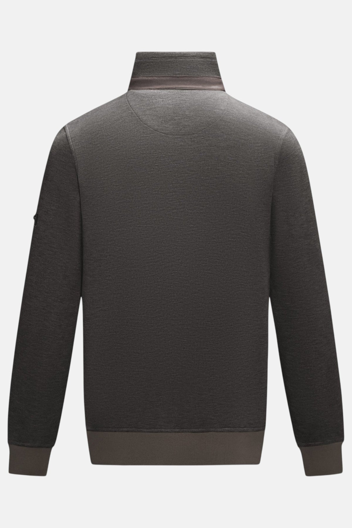 6th Sense Air Peat 1/4 Zip Sweat in peat, back view with funnel collar, seam detail below the neck and contrasting hem.