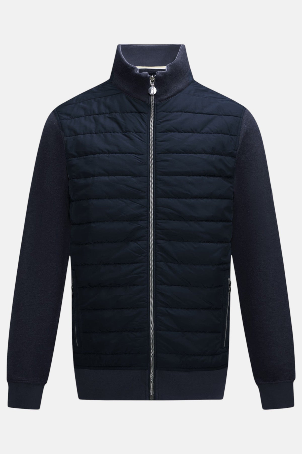 6th Sense Cloud Hybrid Full Zip Navy Jacket front view with quilted body, smooth sleeves, stand collar and silver zip