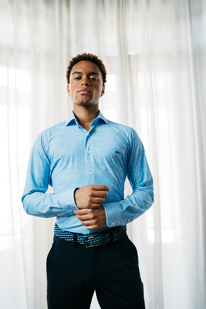 Aytona Blue Long Sleeve Shirt-Model standing