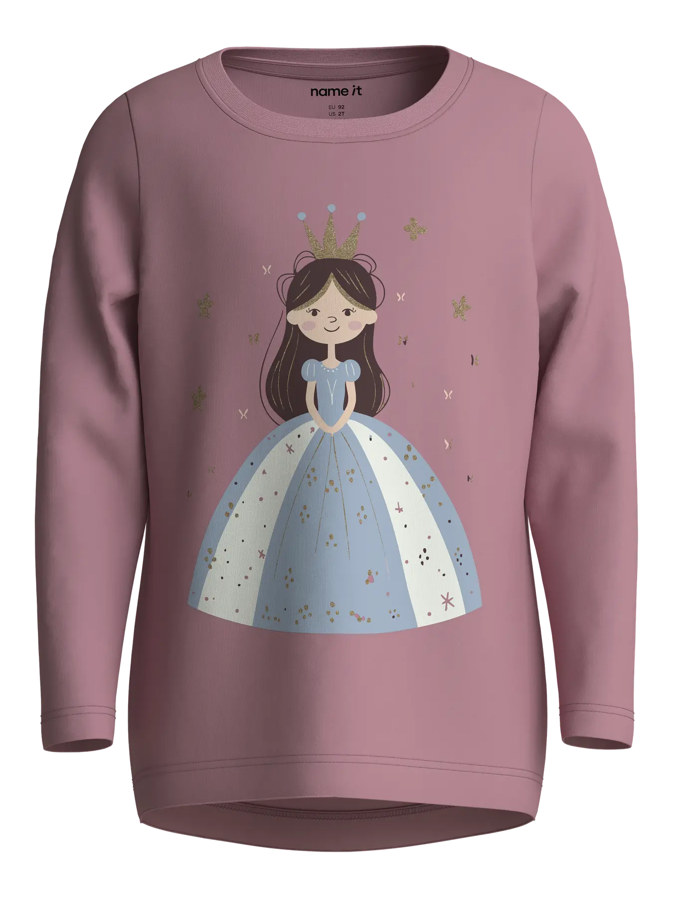 A dusty rose long-sleeve crewneck sweatshirt featuring a cartoon illustration of a princess in a light blue and white dress with gold stars, on a plain white background.