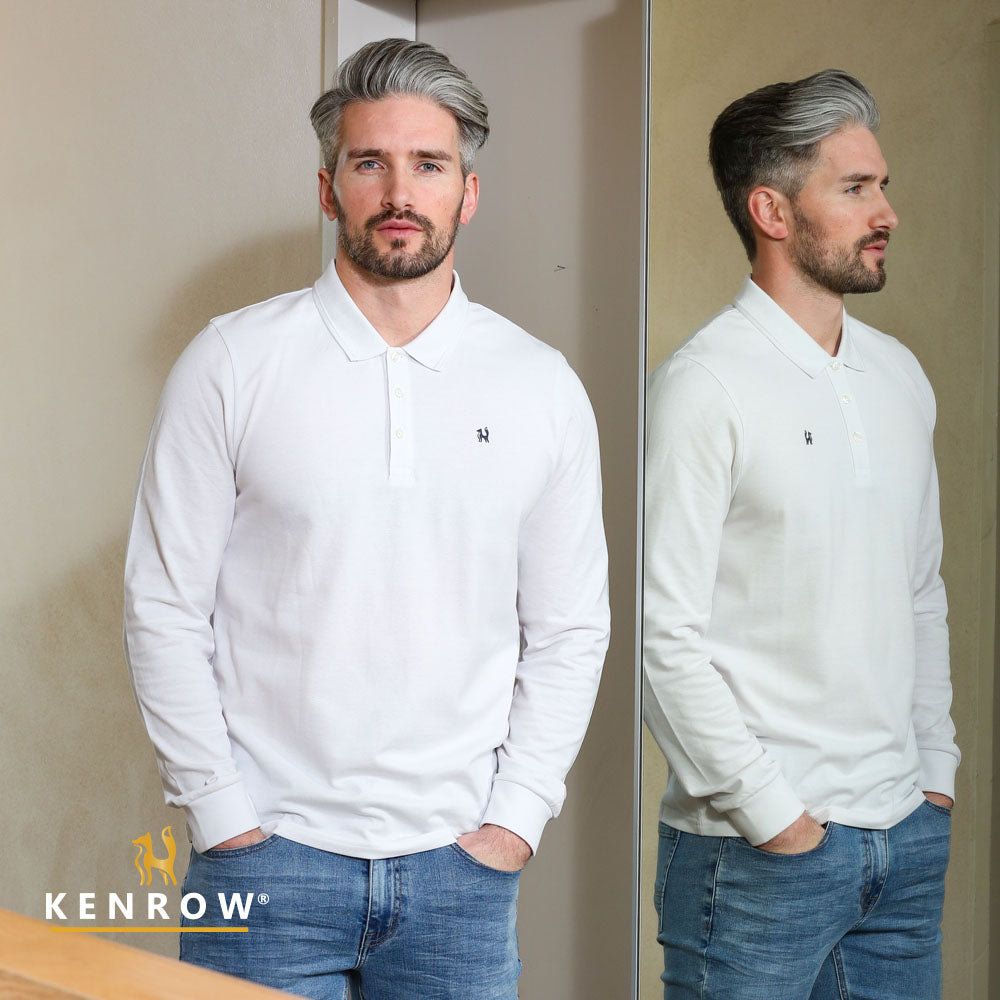 Kenrow Menswear Brodie Long Sleeve Polo-White White front view
