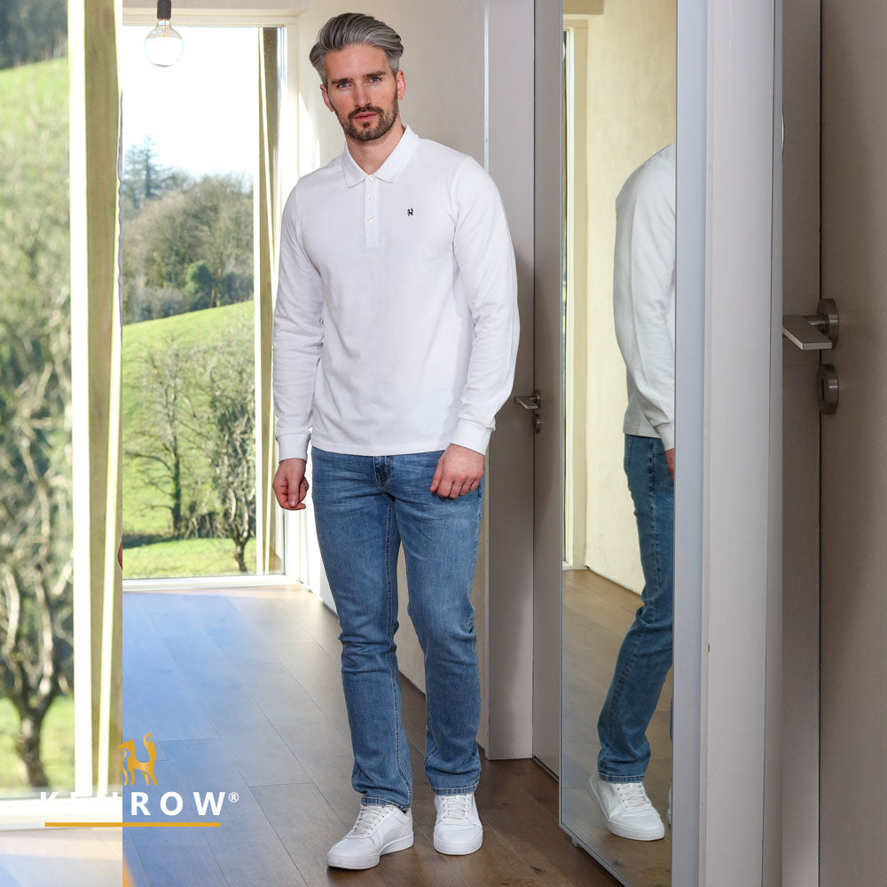 Men's Brodie Long Sleeve Polo-White-Model Full Front View