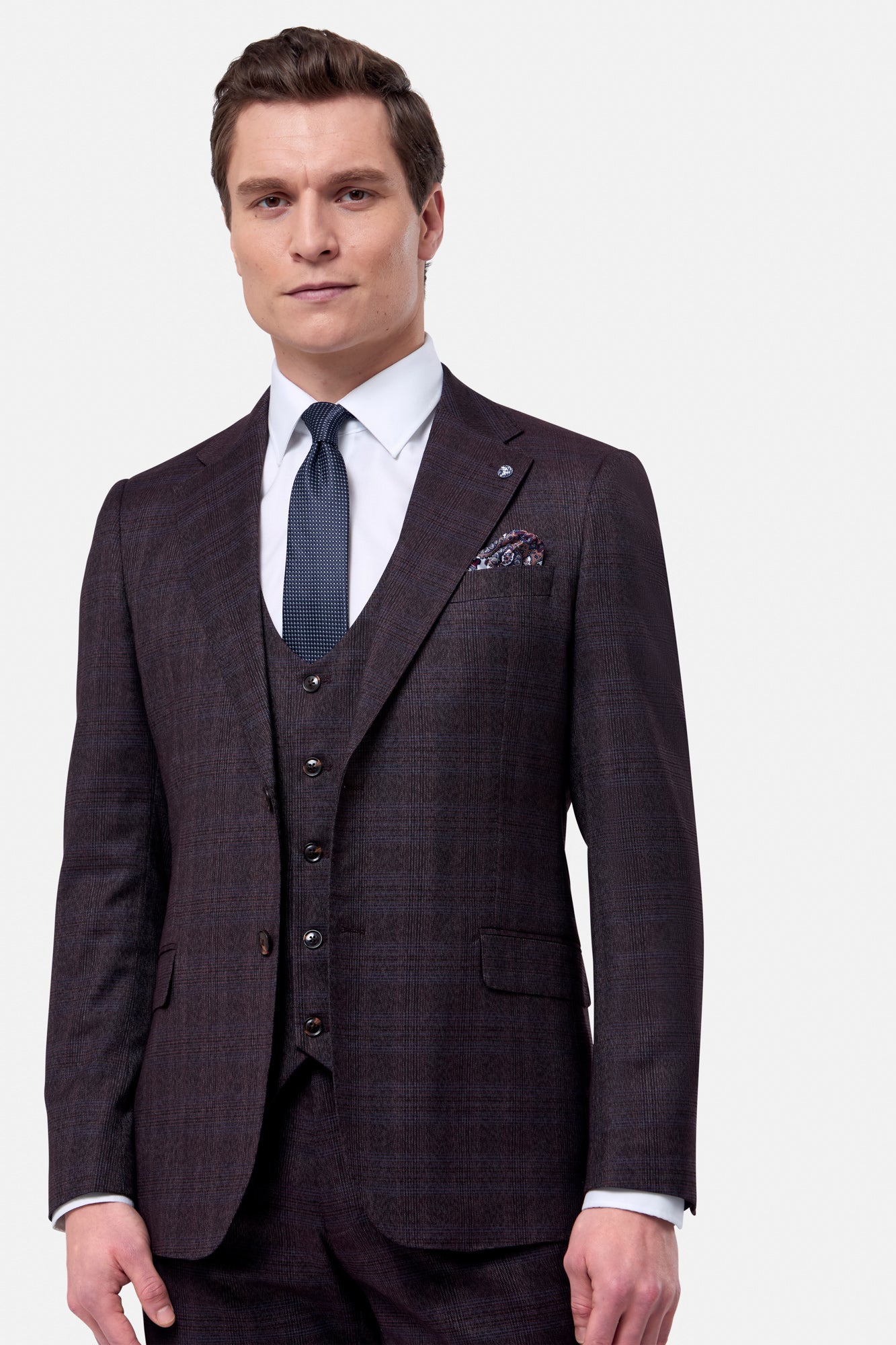 Elijah Wine Check 3 Piece Tapered Fit Suit-Waistcoat view