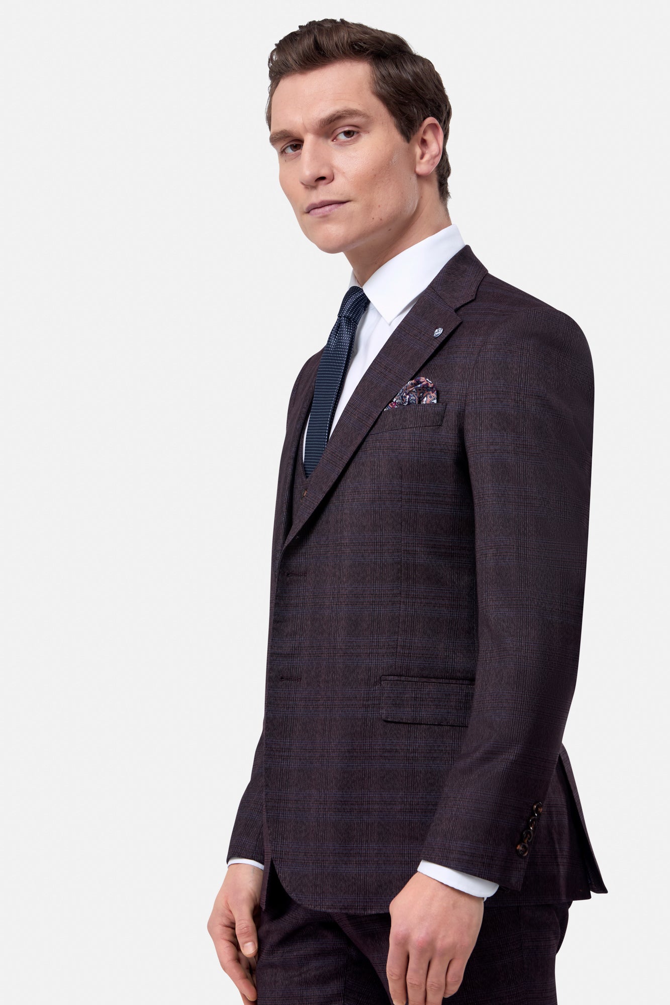 BENETTI Elijah Wine Check 3 Piece Tapered Fit Suit Wine Check side view
