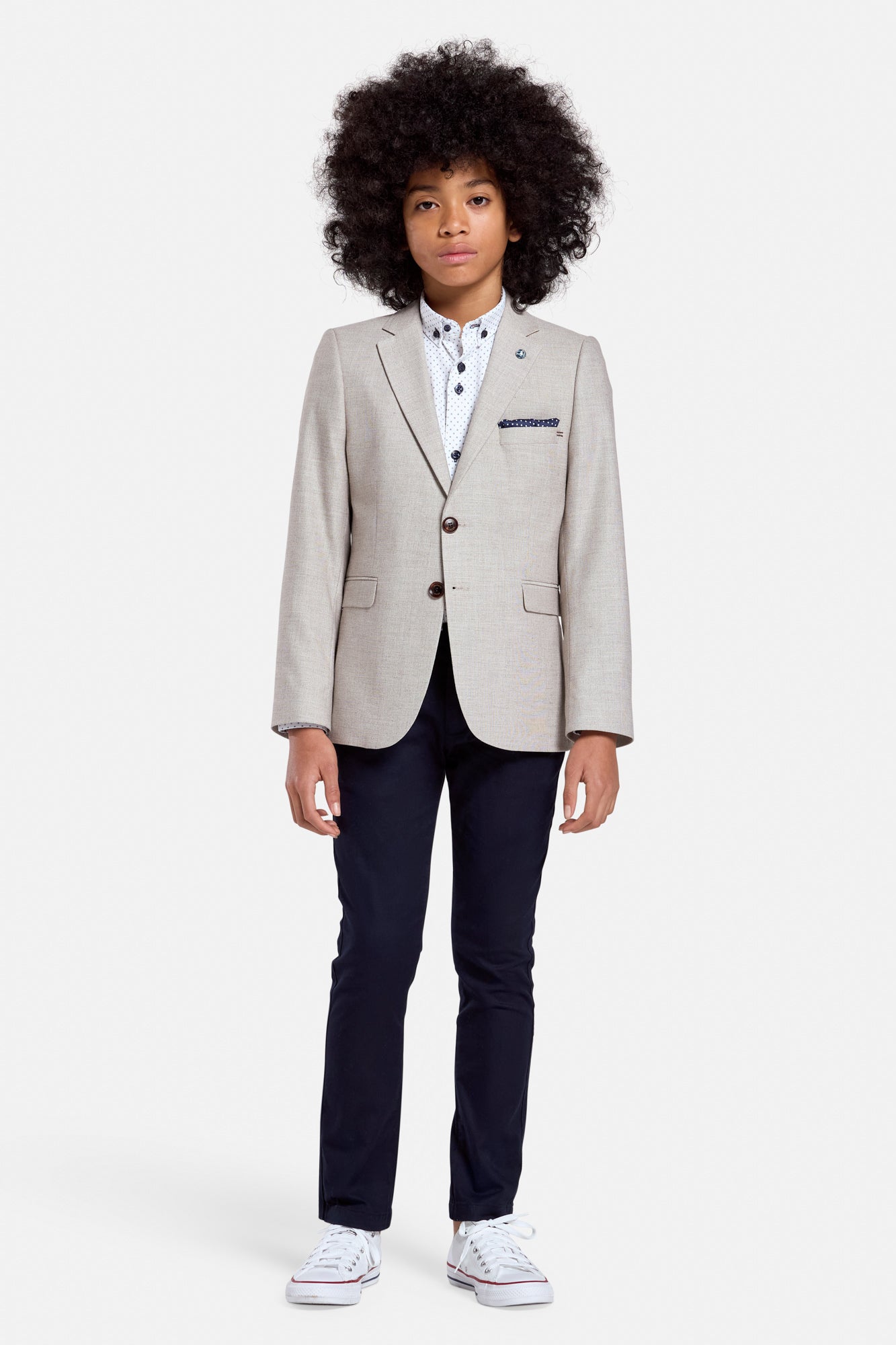Front view of the Harry boys beige blazer